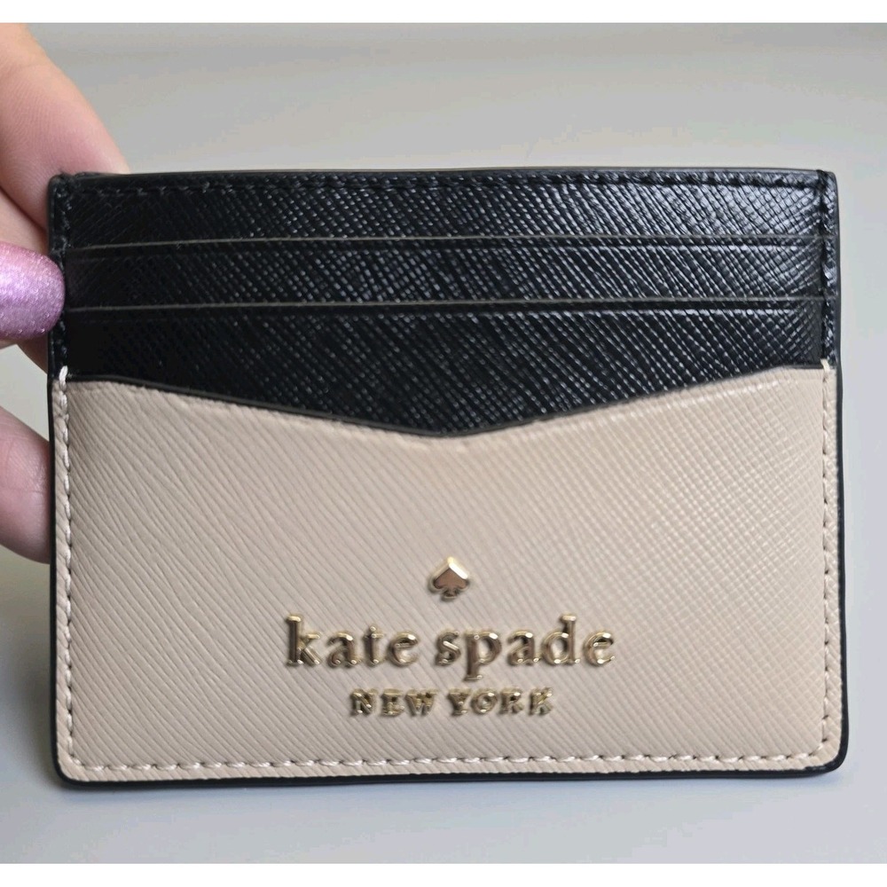 Kate Spade Staci Slim Card Holder Beige Black Colorblock Saffiano Leather - Picture 6 of 7